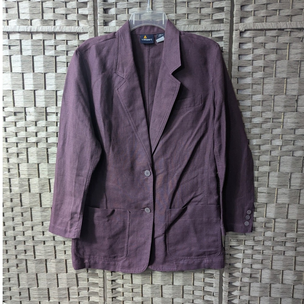 Lizsport Blazer Royal Purple Linen Cotton Blend Two Button Jacket Sz M Office